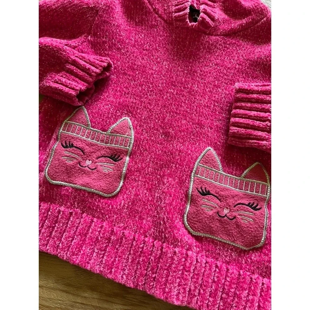 Delia's Girl Chenille Hoodie‎ Girls 5/6 Pink Cat Pocket Metallic Sparkle